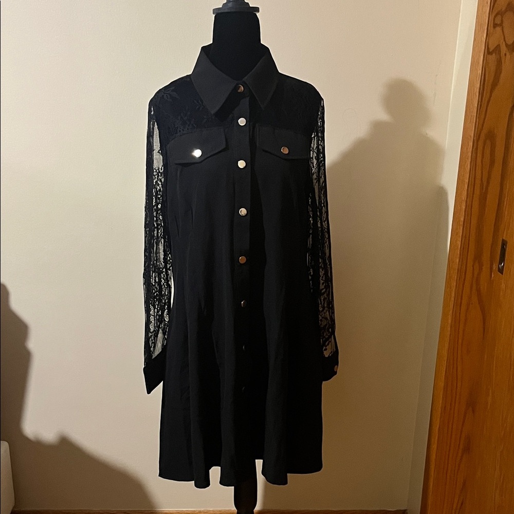Black Lace Sleeve Shirt Dress